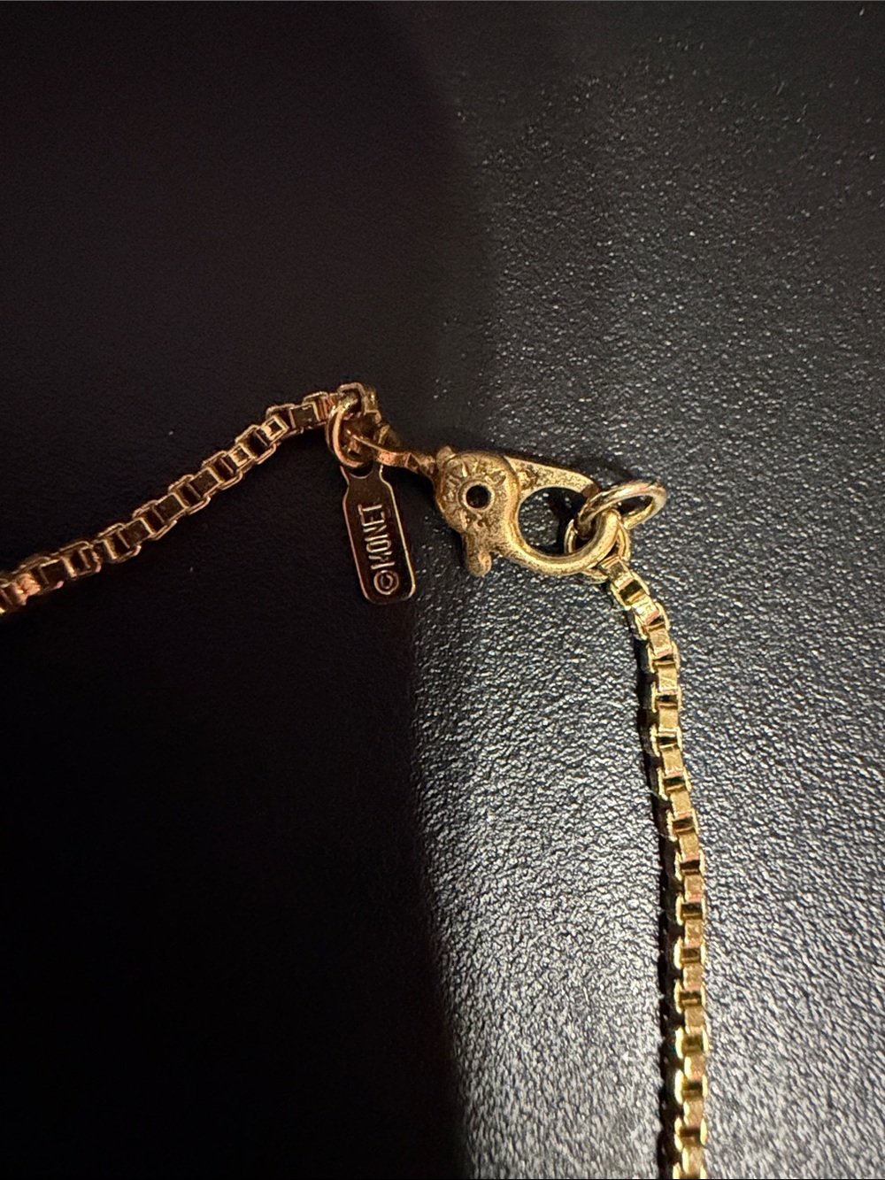 Monet Gold-Tone Box Chain Necklace with Logo Tag pendant has scratches - Picture 2 of 6